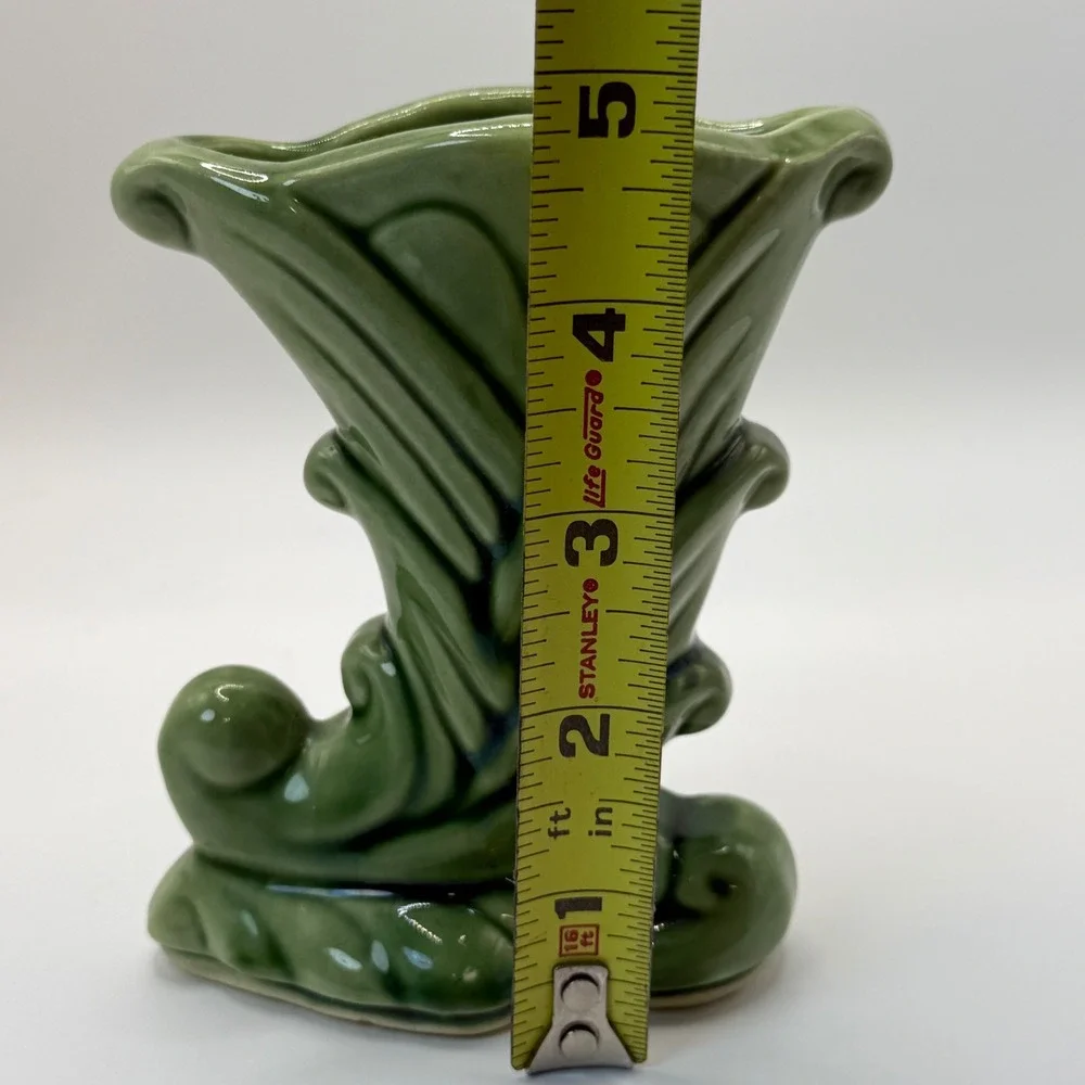 Vintage Green Glazed Ceramic Cornucopia Vase Art Deco USA 835 Mid Century 5in